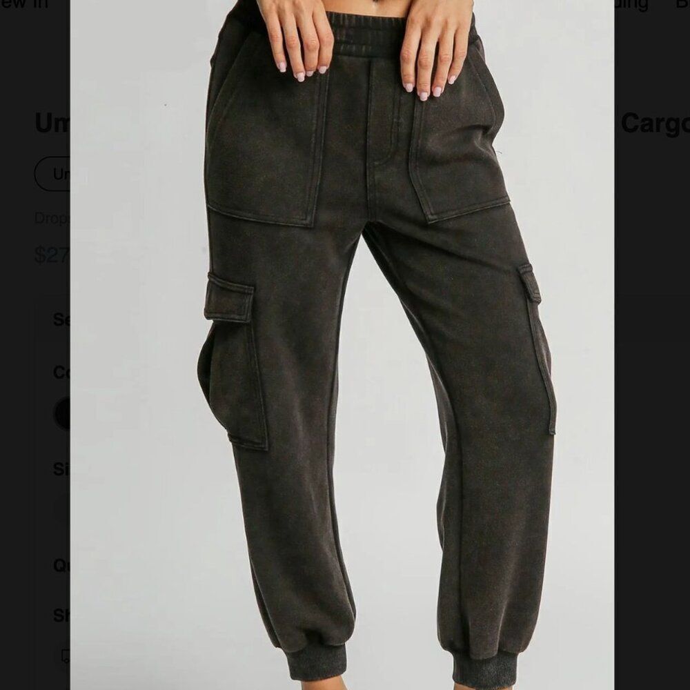 NWT Umgee Full Size Mineral Washed Elastic Waist Cargo Pants black - med